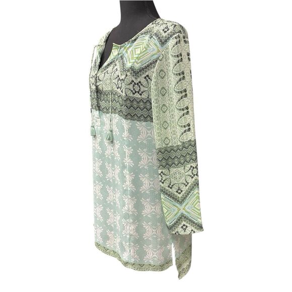 ZOZO Green Boho Print Tunic Top Tassel Tie V Neck Hi-low Hem - Picture 3 of 7